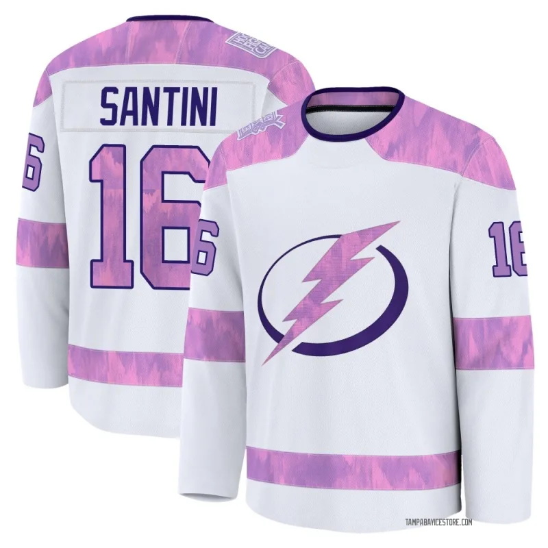 White Youth Steven Santini Tampa Bay Lightning Premium 2024 Hockey Fights Cancer Practice Jersey