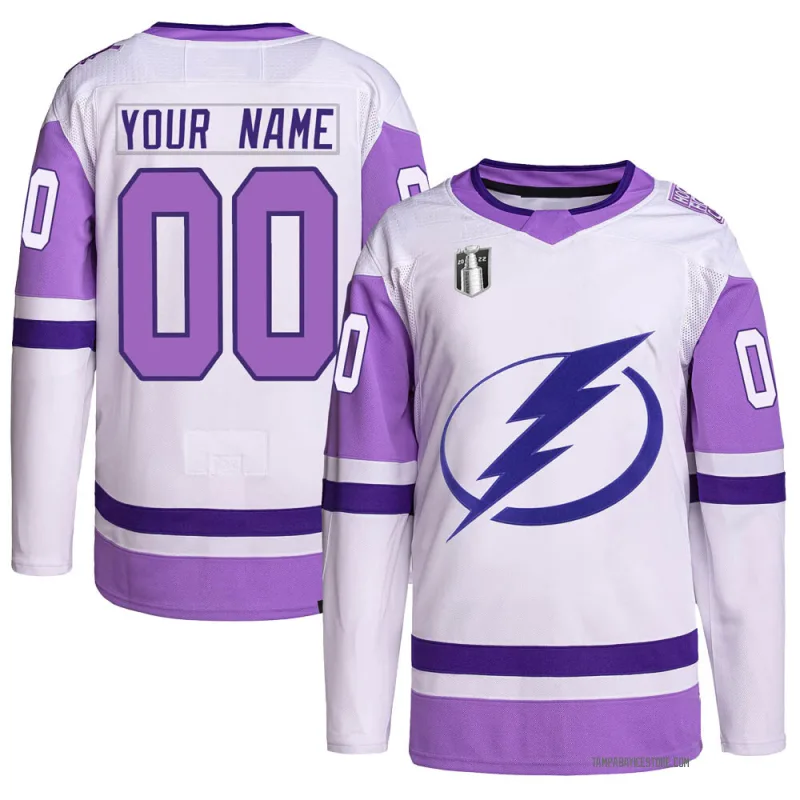 White/Purple Youth Custom Tampa Bay Lightning Authentic Hockey Fights Cancer Primegreen 2022